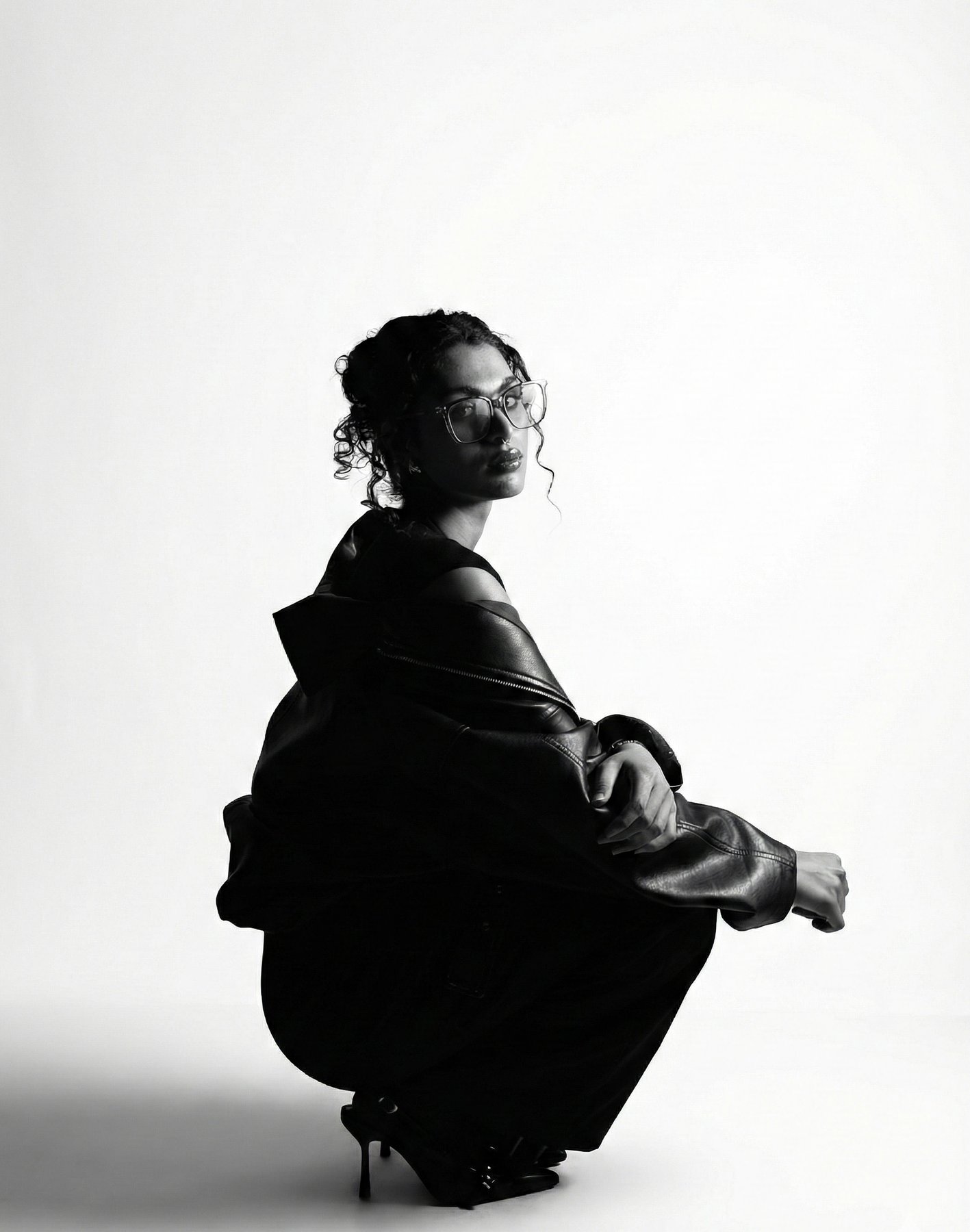 Studio, leather jacket, B&W editorial